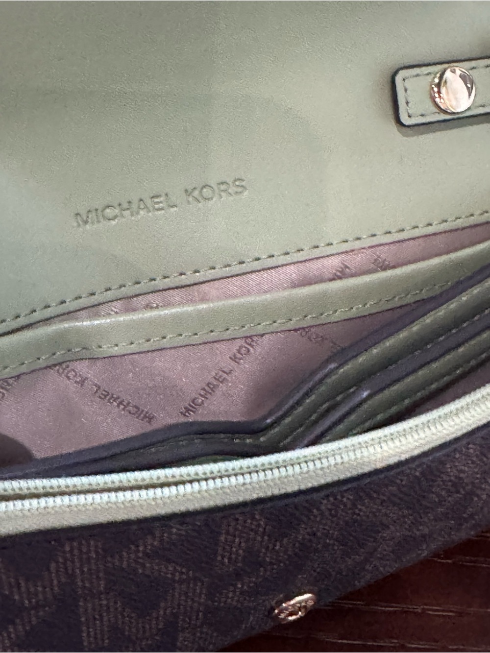 Michael Kors Green and Brown Crossbody Wallet Purse - Picture 4 of 6